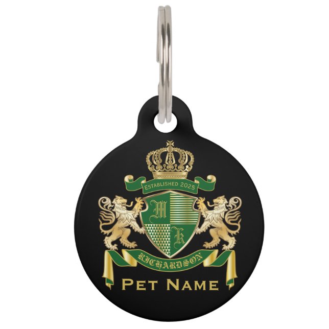 Placa Para Mascotas Haz tu propio escudo de armas verde León de Oro (Anverso)
