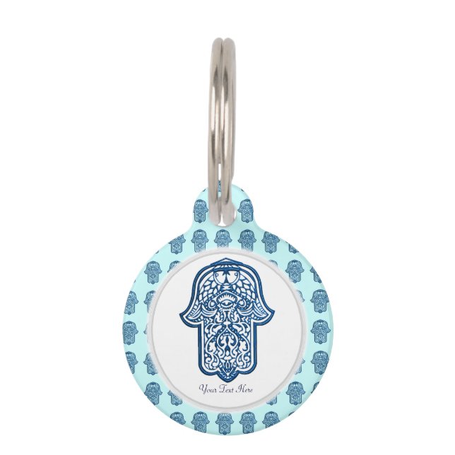 Placa Para Mascotas Henna Hand de Hamsa (Azul) (Anverso)