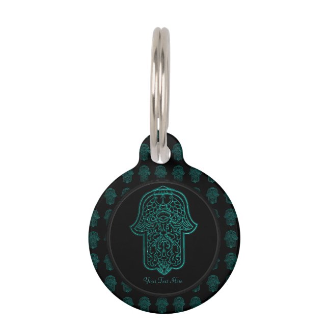 Placa Para Mascotas Henna Hand de Hamsa (Verde azulada) (Anverso)