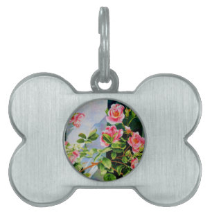 Placa Para Mascotas Hermoso rosa, rosas rojas, acuarela floral