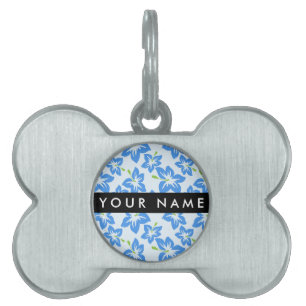 Placa Para Mascotas Hibisco Azul, Flores Azules, Tu Nombre