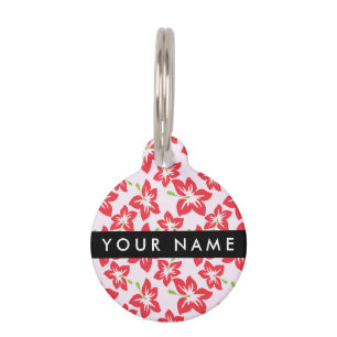 Placa Para Mascotas Hibisco Rojo, Flores Rojas, Tu Nombre