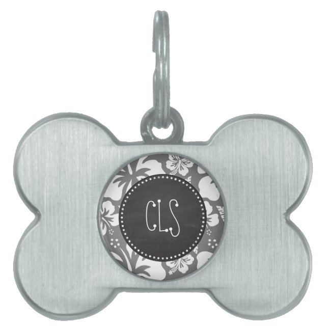 Placa Para Mascotas Hibiscus Gris Hawaiano Tropical; Calkboard Retro (Frente)