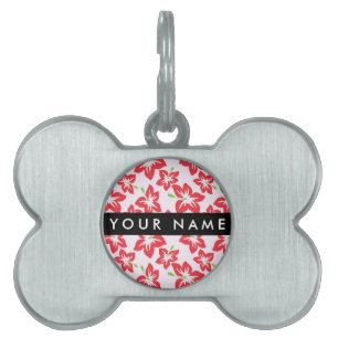 Placa Para Mascotas Hibiscus Rojo, Flores Rojas, tu nombre