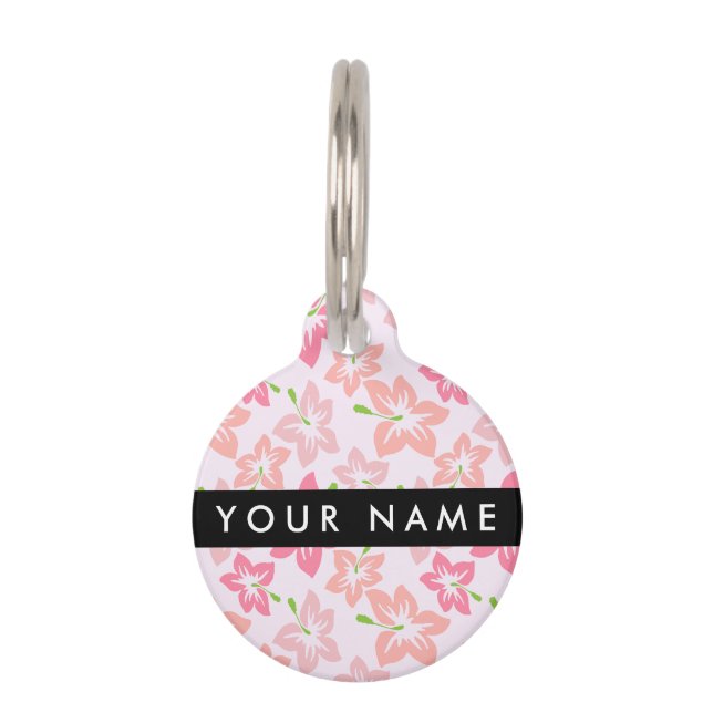 Placa Para Mascotas Hibiscus rosa, flores rosas, tu nombre (Anverso)