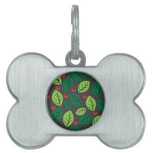 Placa Para Mascotas Hojas verdes, bayas rojas, patrón de hojas