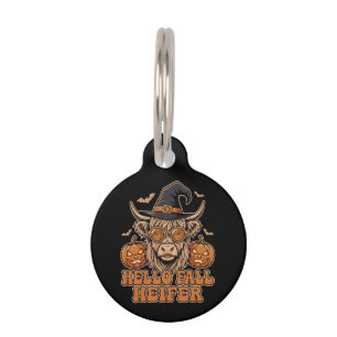 Placa Para Mascotas Hola Novilla Otoño Halloween Vaca Highland Retro 