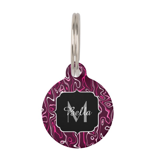 Placa Para Mascotas Hot pink damascus abstract swirls Custom Monogram (Anverso)