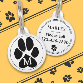 Placa Para Mascotas Huella de pata negra Monograma minimalista Color p