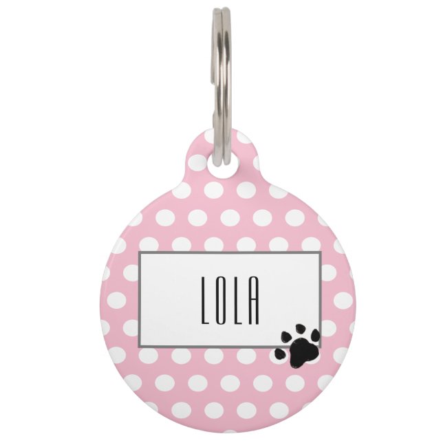 Placa Para Mascotas Huella de puntos de polka rosa (Anverso)