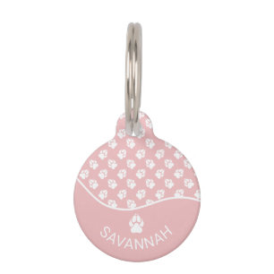 Placa Para Mascotas Huellas de Perro Juguetonas en Colores Rosa y Blan