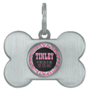 Placa Para Mascotas Hueso de arenque elegante, plateado y rosa   Nombr