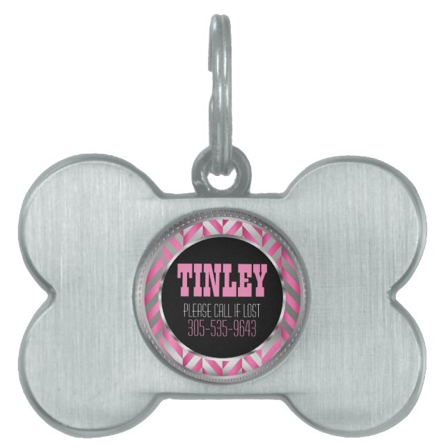 Placa Para Mascotas Hueso de arenque elegante, plateado y rosa | Nombr (Frente)