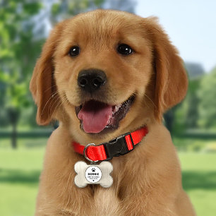 Placa Para Mascotas Hueso de perro con huella de pata blanca monograma