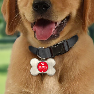 Placa Para Mascotas Hueso de perro con huella de pata roja monograma
