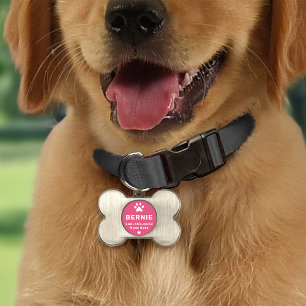 Placa Para Mascotas Hueso de perro con huella de pata rosa monograma
