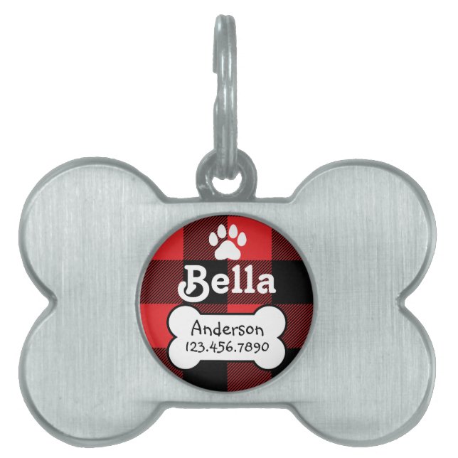 Placa Para Mascotas Hueso de perro de Personalizado rojo y negro con r (Frente)