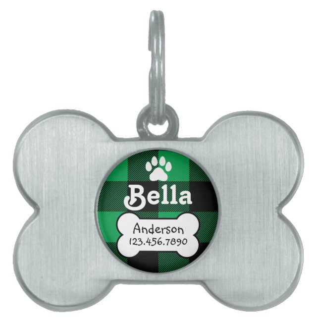 Placa Para Mascotas Hueso de perro de Personalizado verde y negro con  (Frente)