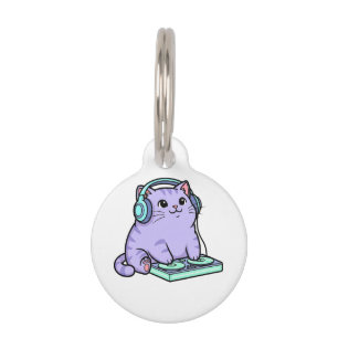 Placa Para Mascotas Ilustración de dibujos animados de gato DJ Kawaii