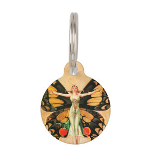 Placa Para Mascotas Ilustración de Mujer Volando Mariposa Flapper