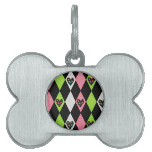 Placa Para Mascotas Impresión colorida Harlequin con corazón Rosa