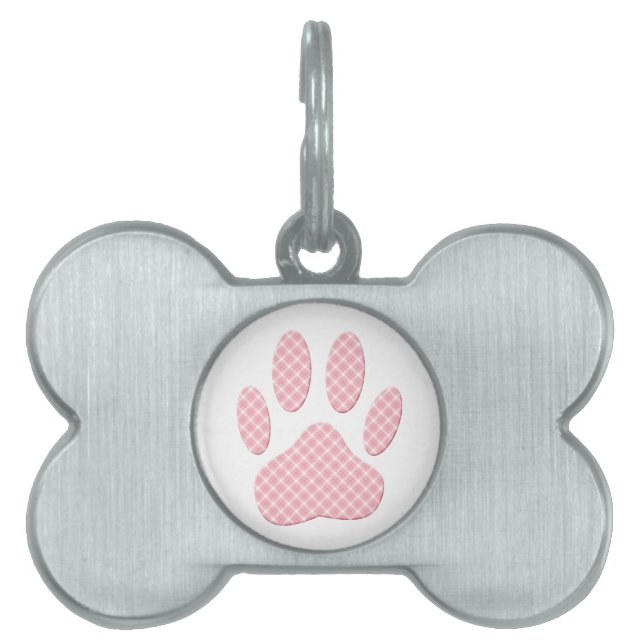 Placa Para Mascotas Impresión De Hojas De Perro De Tartán Rosadas Y Bl (Frente)