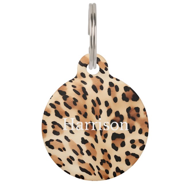 Placa Para Mascotas Impresión de Leopardo Blanco moda Marrón (Anverso)
