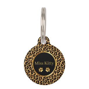 Placa Para Mascotas Impresión de leopardo con barras de oro y etiqueta