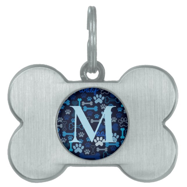 Placa Para Mascotas Impresiones y huesos de la pintura azul monogramad (Frente)