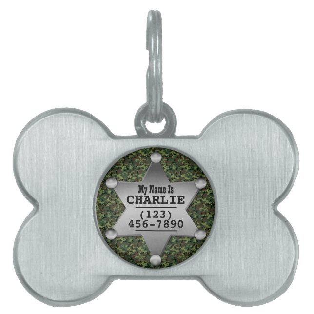 Placa Para Mascotas Insignia conocida del camuflaje del sheriff verde (Frente)