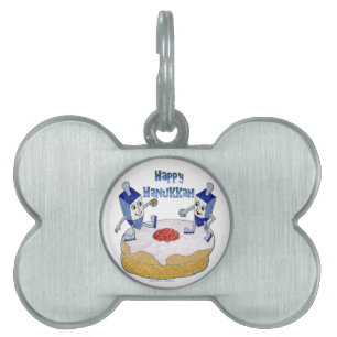 Placa Para Mascotas Judaica Happy Hanukkah Dancing Dreidels Doughnut