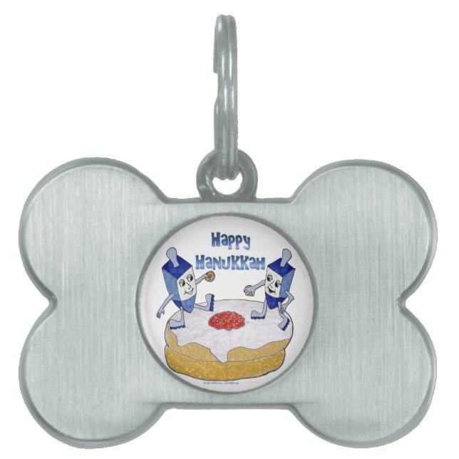 Placa Para Mascotas Judaica Happy Hanukkah Dancing Dreidels Doughnut (Frente)