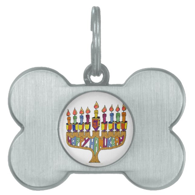 Placa Para Mascotas Judaica Happy Hanukkah Dreidel Menorah (Frente)
