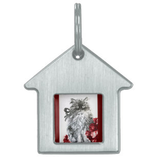 Placa Para Mascotas KITTEN CON ROSAS ROJAS, negro y blanco
