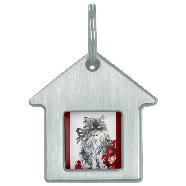 Placa Para Mascotas KITTEN CON ROSAS ROJAS, negro y blanco (Frente)