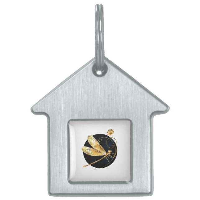 Placa Para Mascotas La libélula dorada en círculo negro (Frente)