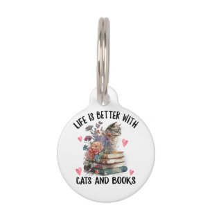 Placa Para Mascotas La vida es mejor con gatos y libros divertido gato