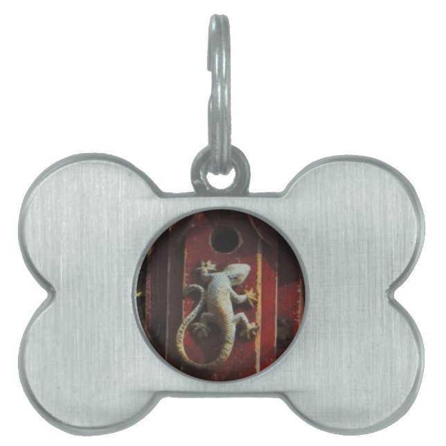 Placa Para Mascotas lagarto gris de madera desgastada (Frente)