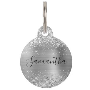 Placa Para Mascotas Laminado de plata brillante con purpurina
