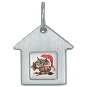 Placa Para Mascotas Lechuza en Navidades Gorra y etiqueta de identific