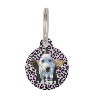Placa Para Mascotas Leopard Pink Black Photo Personalizada