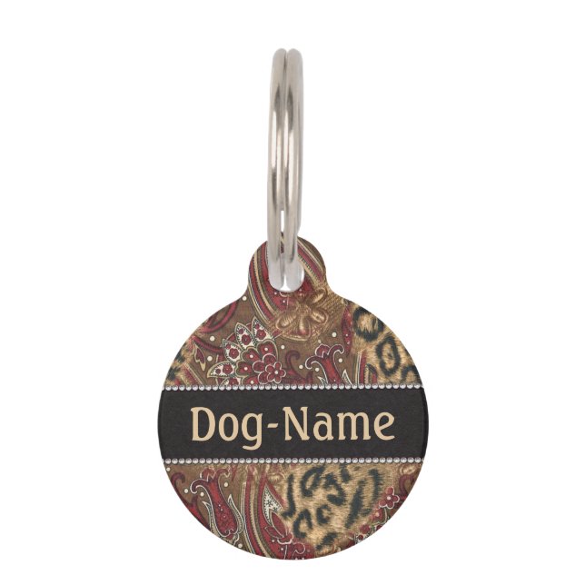 Placa Para Mascotas Leopardo y Paisley a personalizar (Anverso)