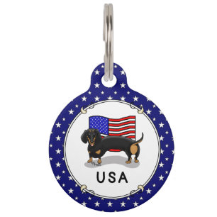 Placa Para Mascotas Lindo Dachshund de bandera estadounidense - (negro