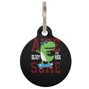Placa Para Mascotas lindo dinosaurio con gafas de dinosaurio en un ska