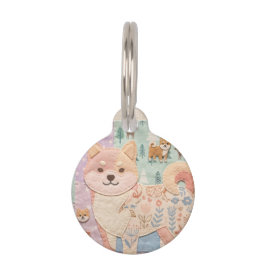 Placa Para Mascotas Lindo patrón floral de patchwork de Shiba Inu japo