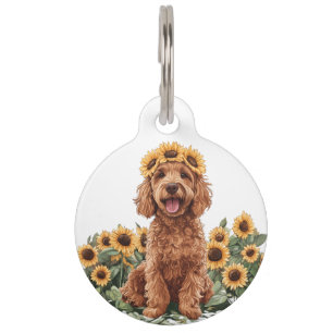Placa Para Mascotas Lindo perro Goldendoodle con corona de girasoles