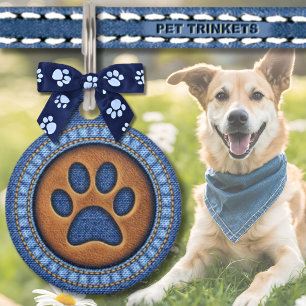 Placa Para Mascotas Lindo y campestre azul mezclilla y cuero con huell