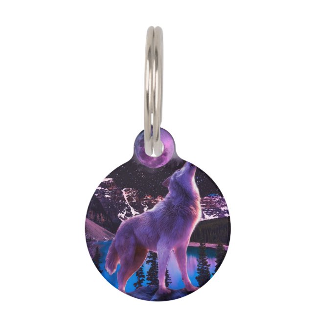 Placa Para Mascotas Lobo gris aullando en el bosque (Anverso)