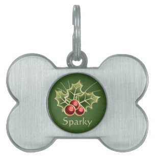 Placa Para Mascotas Los Navidades de Holly Berry personalizados verdes