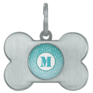 Placa Para Mascotas Lunares de leopardo blanco chic en monograma turqu